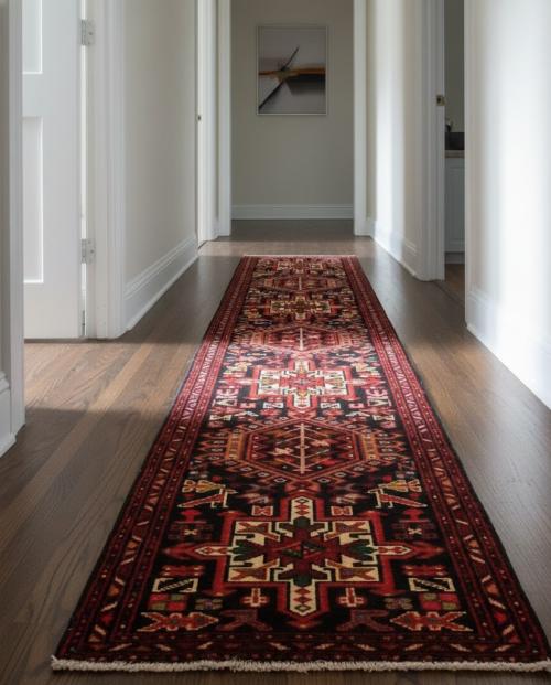 Vintage Black Geometric 2X9 Karajeh Persian Runner Rug