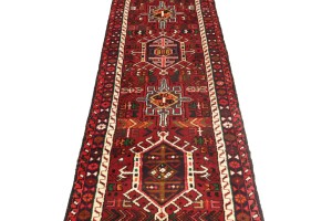 Vintage Scarlet Red Geometric 2X9 Karajeh Persian Runner Rug