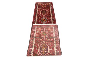 Vintage Scarlet Red Geometric 2X9 Karajeh Persian Runner Rug