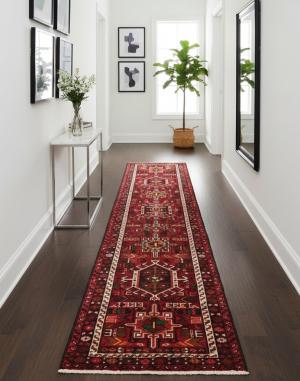 Vintage Scarlet Red Geometric 2X9 Karajeh Persian Runner Rug