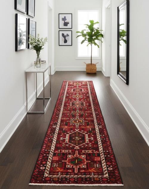 Vintage Scarlet Red Geometric 2X9 Karajeh Persian Runner Rug