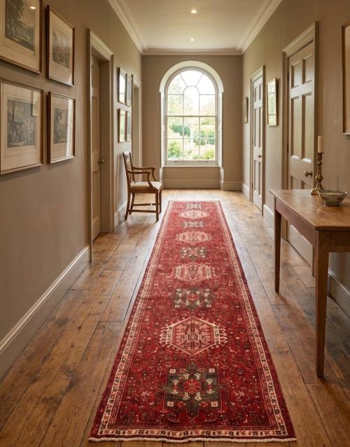 Vintage Red Geometric 3X13 Karajeh Persian Runner Rug