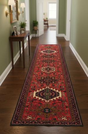 Vintage Red Geometric 3X10 Karajeh Persian Runner Rug