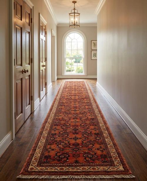 Vintage Coral Red Tribal 2'6X12'7 Hossainabad Persian Runner Rug