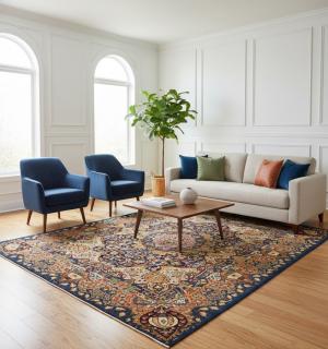 Vintage Navy Blue Pictorial 9'7X12'4 Kashmar Persian Rug