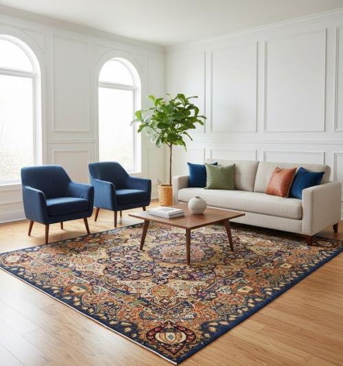 Vintage Navy Blue Pictorial 9'7X12'4 Kashmar Persian Rug