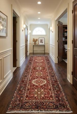 Vintage Red Geometric 3'6X10'4 Karajeh Persian Runner Rug