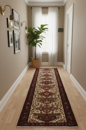 Vintage Cream Geometric 2'5X13 Karajeh Persian Runner Rug