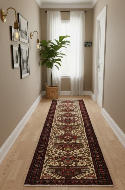 Vintage Cream Geometric 2'5X13 Karajeh Persian Runner Rug