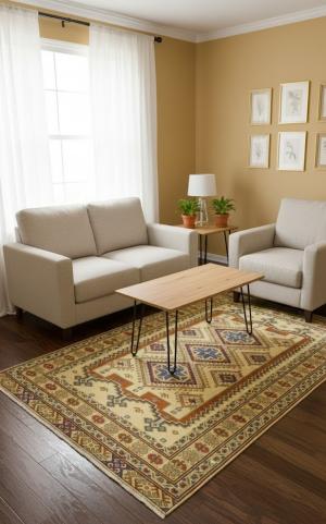 Vintage Yellow Cream Tribal 5X7 Turkoman Persian Rug