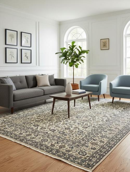 Vintage Cream Traditional 9X13 Kashan Persian Rug