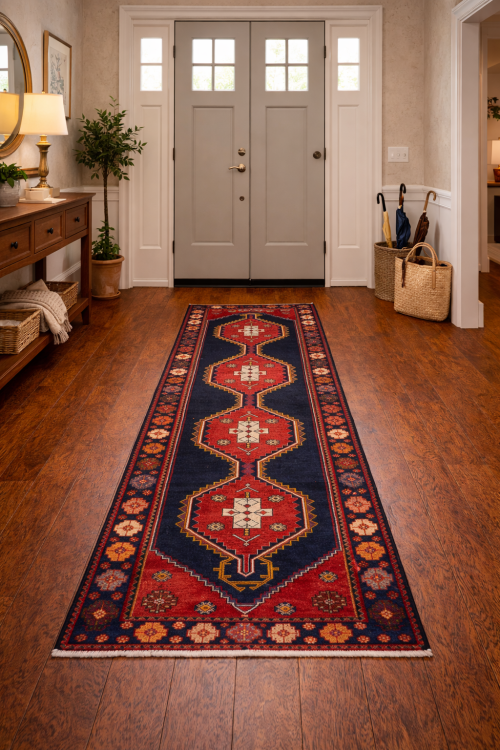 Vintage Purple-navy Tribal 3'5X9'8 Hamedan Persian Runner Rug