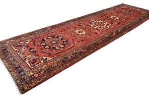 Vintage Red Floral 3'6X11'9 Heriz Persian Runner Rug