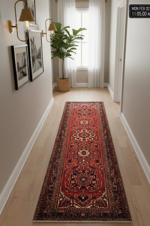 Vintage Red Floral 3'6X11'9 Heriz Persian Runner Rug