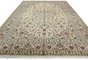 Vintage Cream Traditional 10X13 Kashan Persian Oriental Rug
