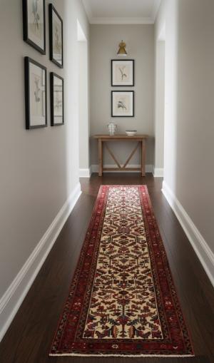 Vintage Cream Geometric 3X11 Heriz Persian Runner Rug