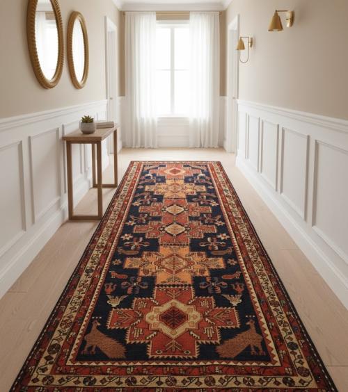 Vintage Tribal Pictorial Geometric 5X11 Meshkin Persian Runner Rug