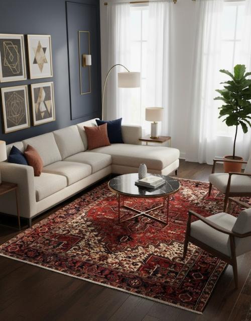 7'3 x 10'0 Hand Knotted Heriz Geometric Persian Wool Rug