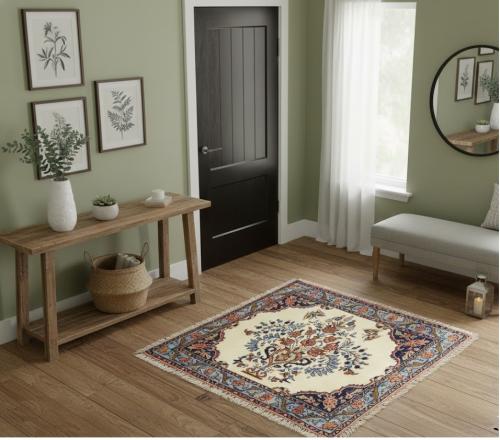 Cream Floral Tribal 2X2'3 Bidjar Halvaei Persian Rug