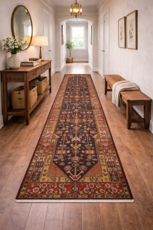 Vintage Purple-navy Floral 3'7X12'8 Hamedan Persian Runner Rug