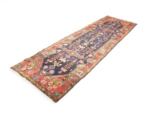 Purple-navy Vintage Floral 3'7X12'8 Hamedan Persian Runner Rug