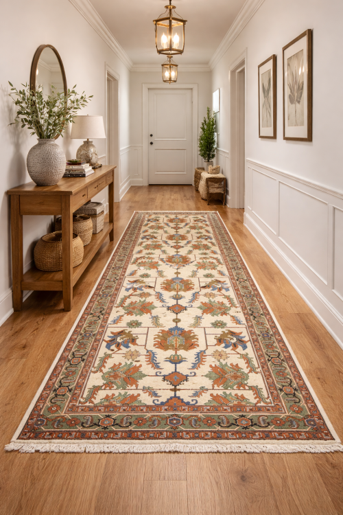 Cream Geometric Floral 7X17 Heriz Persian Rug