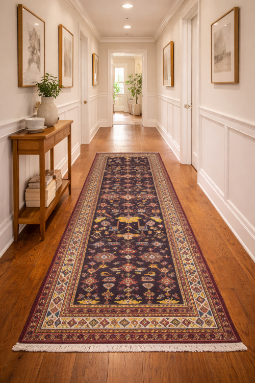 Semi Antique Purple-navy Floral 4X10 Hamedan Persian Runner Rug