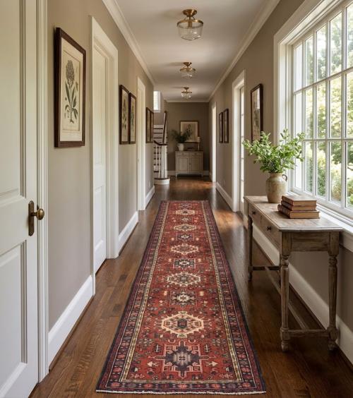 Vintage Red Geometric 3X12 Karajeh Persian Runner Rug