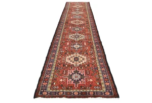 Vintage Red Geometric 3X12 Karajeh Persian  Runner Rug