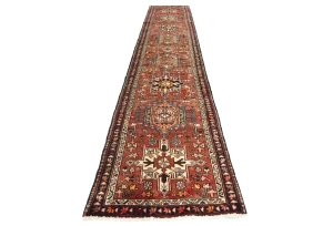 Vintage Red Geometric 3X13 Karajeh Persian Runner Rug