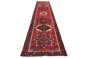 Vintage Red Geometric 3'1X12'7 Karajeh Persian Runner Rug