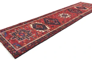 Vintage Red Geometric 3'1X12'7 Karajeh Persian Runner Rug