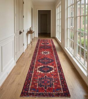 Vintage Red Geometric 3'1X12'7 Karajeh Persian Runner Rug