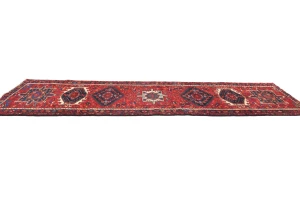 Vintage Red Geometric 3'1X12'7 Karajeh Persian Runner Rug