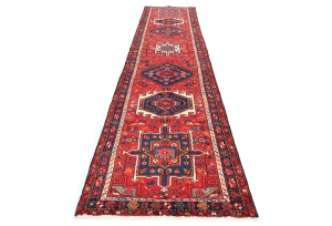 Vintage Red Geometric 3'1X12'7 Karajeh Persian Runner Rug