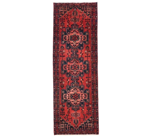 Vintage Red Floral 3'7X10 Hamedan Persian Runner Rug