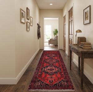 Vintage Red Floral 3'7X10 Hamedan Persian Runner Rug