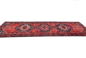 Vintage Red Floral 3'7X10 Hamedan Persian Runner Rug