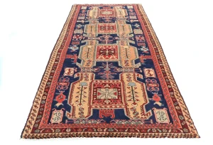 Vintage Purple-navy Geometric Tribal 4X10 Meshkin Persian Runner Rug