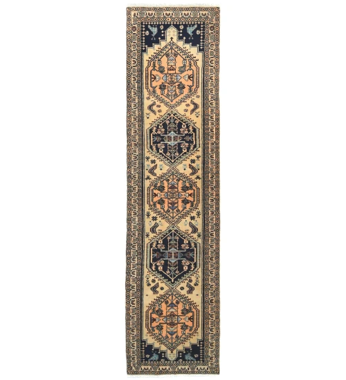 Vintage Beige Tribal 2X10 Ardabil Persian Runner Rug