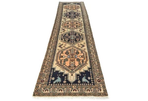 Vintage Beige Tribal 2X10 Ardabil Persian Runner Rug