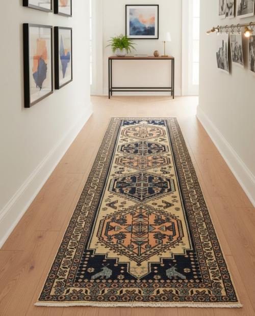 Vintage Beige Tribal 2X10 Ardabil Persian Runner Rug