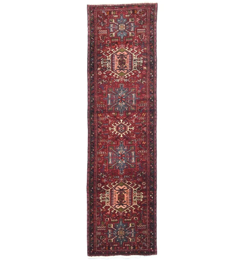 Vintage Red Geometric 2'8X10'3 Karajeh Persian Runner Rug