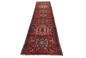 Vintage Red Geometric 2'8X10'3 Karajeh Persian Runner Rug