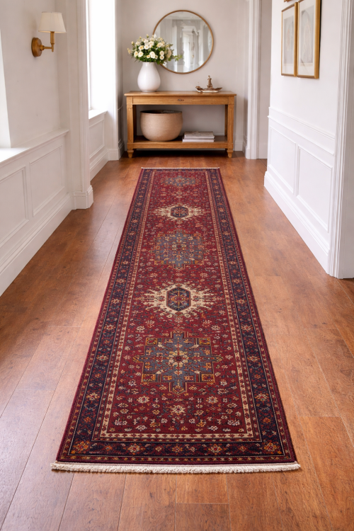 Vintage Red Geometric 2'8X10'3 Karajeh Persian Runner Rug