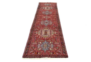 Vintage Red Geometric 2'8X10'3 Karajeh Persian Runner Rug