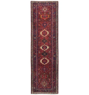 Vintage Red Geometric 4X12 Karajeh Persian Runner Rug