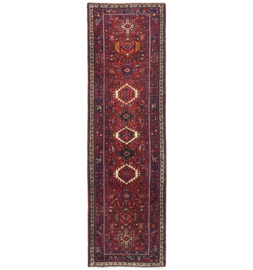 Vintage Red Geometric 4X12 Karajeh Persian Runner Rug