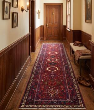 Vintage Red Geometric 4X12 Karajeh Persian Runner Rug