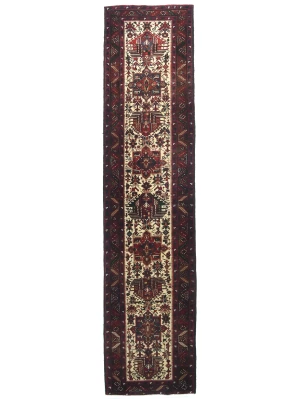 Vintage Cream Geometric 3'4X14'6 Karajeh Persian Runner Rug